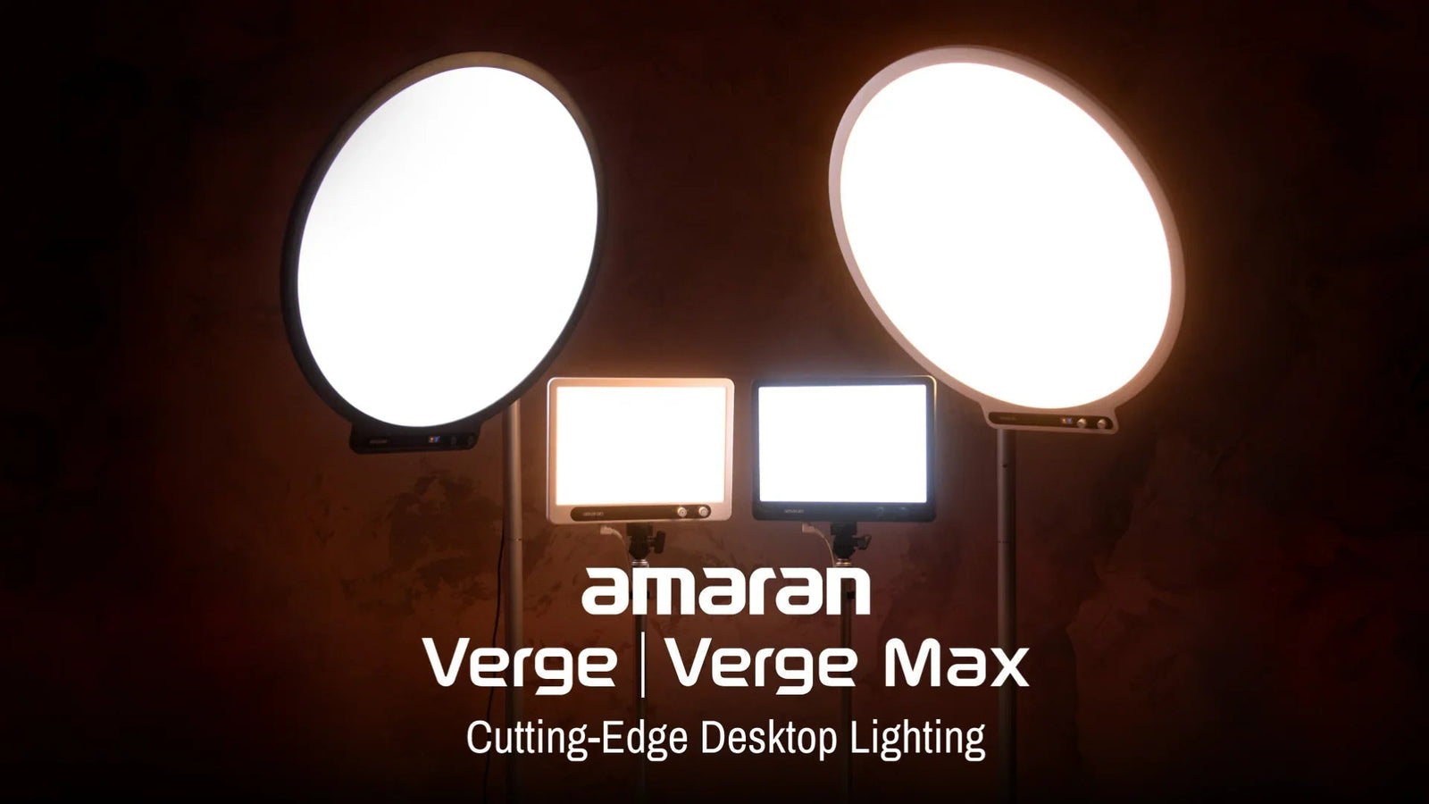 LED desktop lighting panels Amaran Verge and Verge Max on stands, illuminated in a studio setting