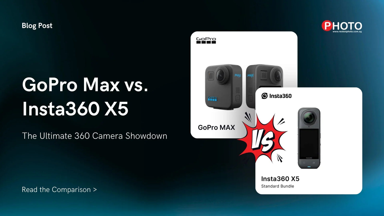 GoPro Max vs Insta360 X5 360 camera comparison graphic with product images and VS text