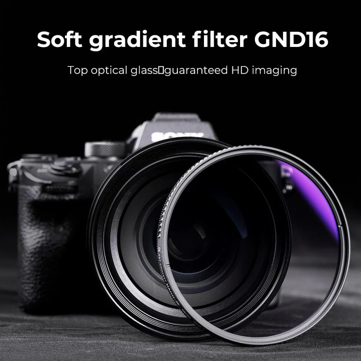Gradient ND16 camera lens filter in front of a DSLR camera on black background