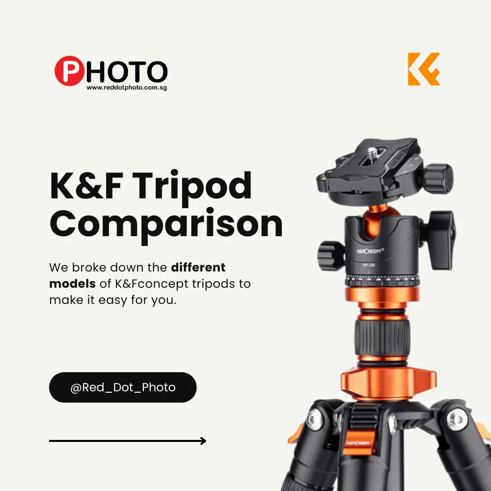 K&F tripod comparison graphic showing a close-up of a black and orange camera tripod with ball head.