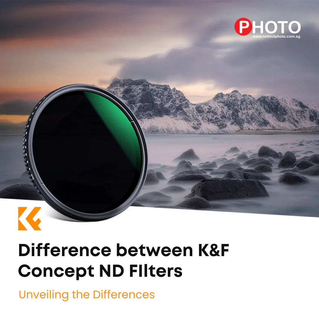 K&F Concept ND filter shown in front of misty seascape with rocks and mountains, photography accessory