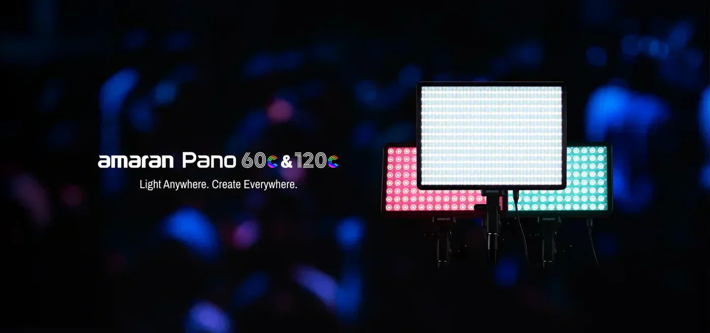 Amaran Pano 60c and 120c LED panel lights with RGB output on stands in a dark studio setting.