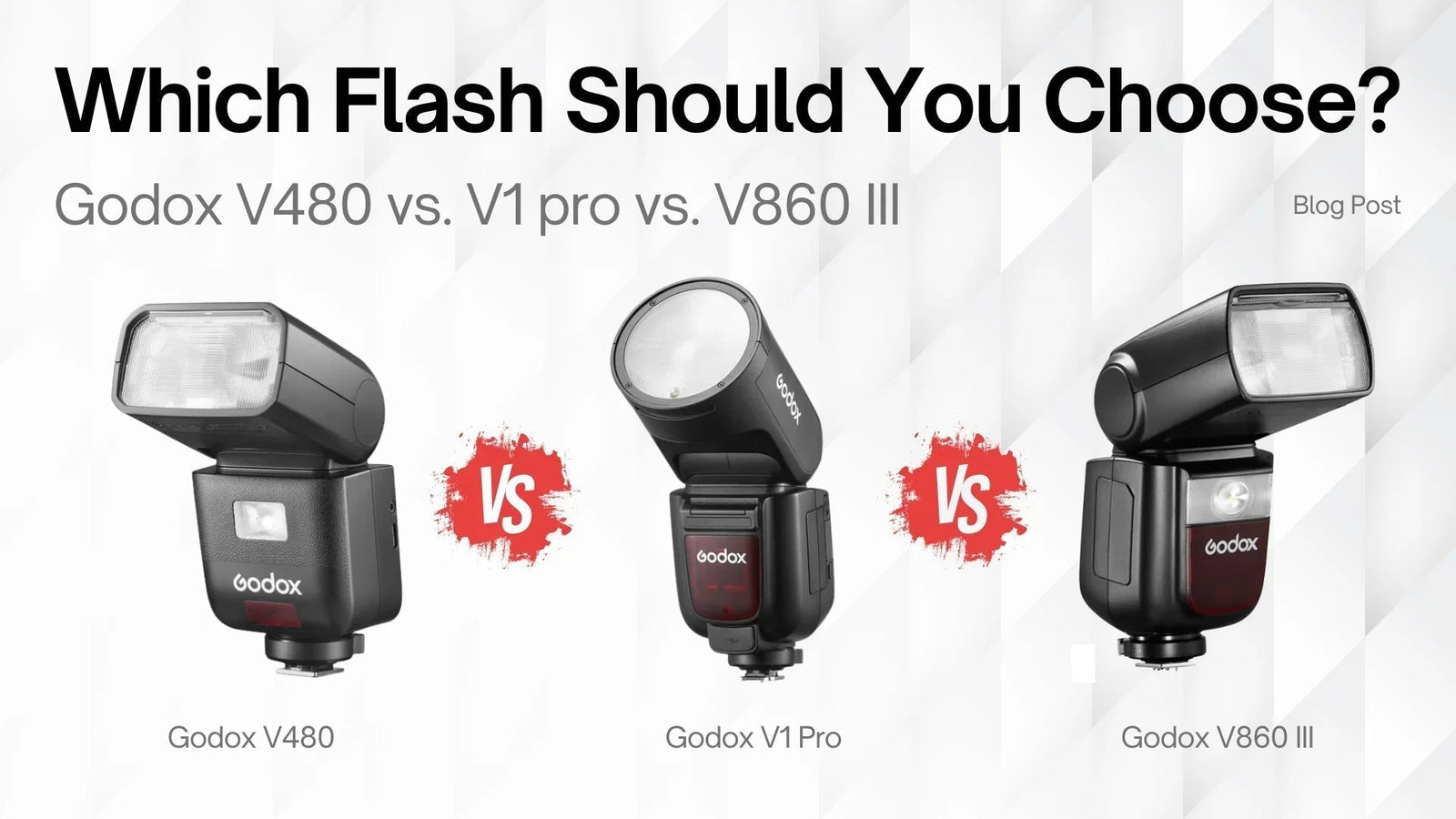 Comparison of Godox V480, V1 Pro, and V860 III camera flash units on a white background.