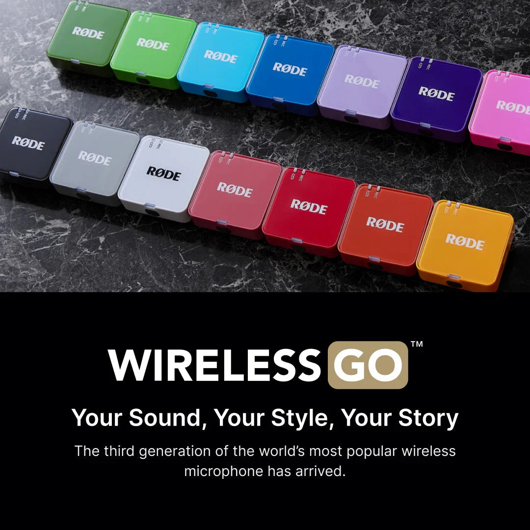 Colorful RØDE Wireless GO Gen 3 wireless microphones on a marble surface, product display.