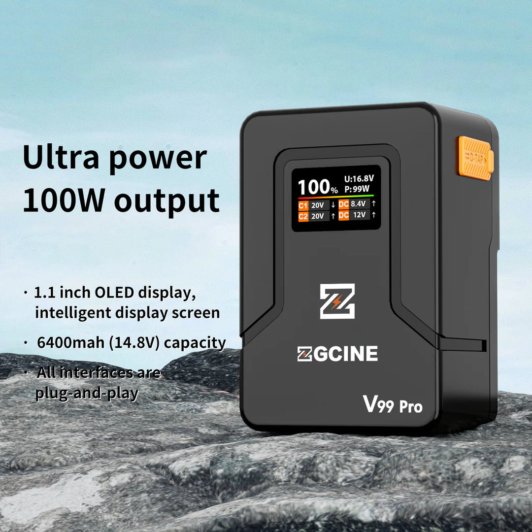 ZGCINE ZG-V99Pro V-Mount Accu – 14,8V 99,9Wh, 6400mAh, USB-C PD 100W, D-Tap, BP En DC Uitgangen, OLED-display, Oranje