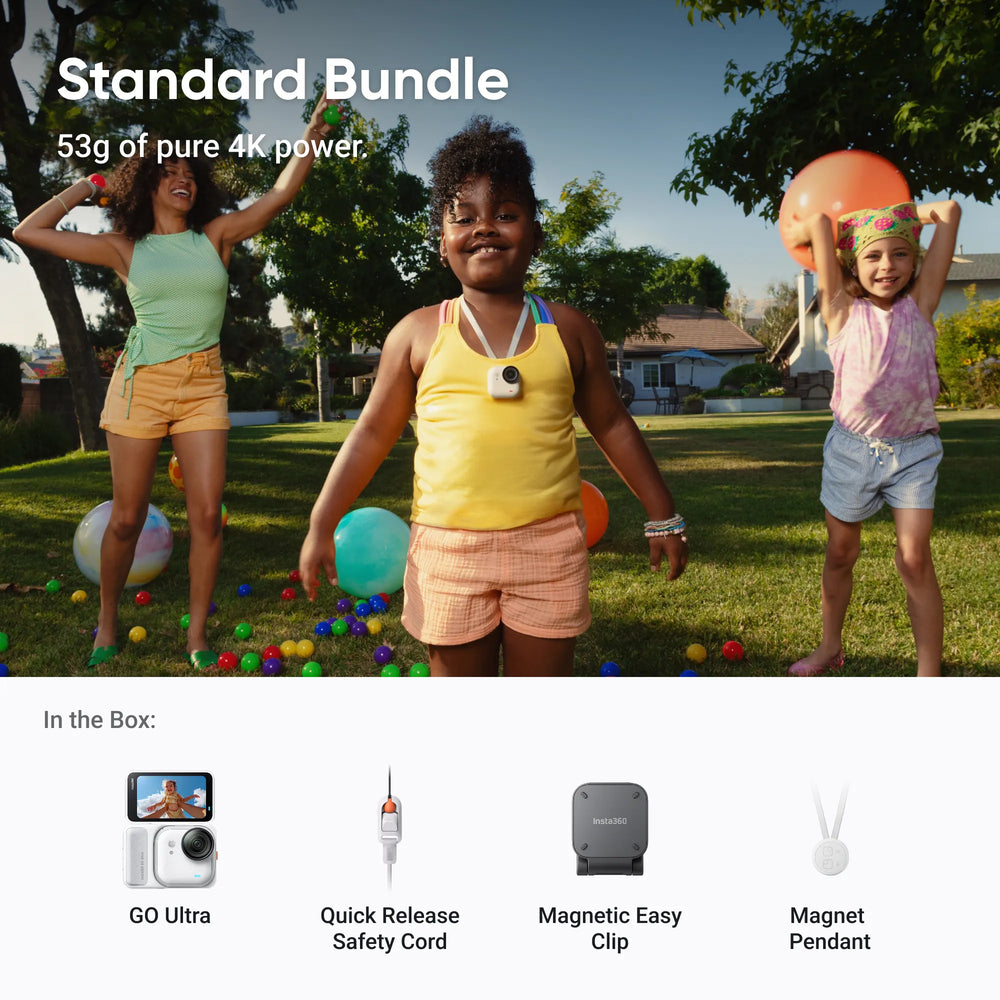 Children playing outdoors with a product bundle, featuring text about 'Standard Bundle' and product components.