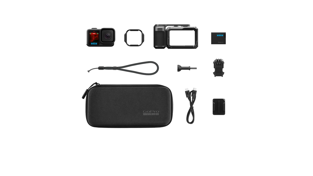 Collection of GoPro accessories including camera, case, and various mounting parts on a white background