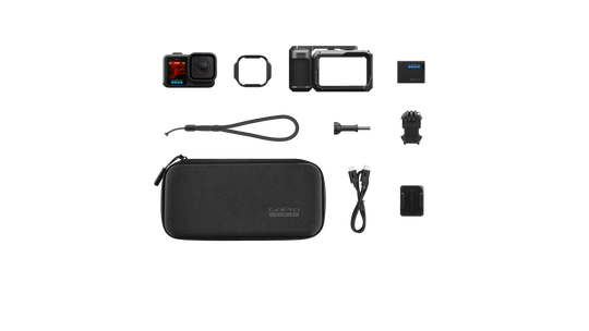 Collection of GoPro accessories including camera, case, and various mounting parts on a white background