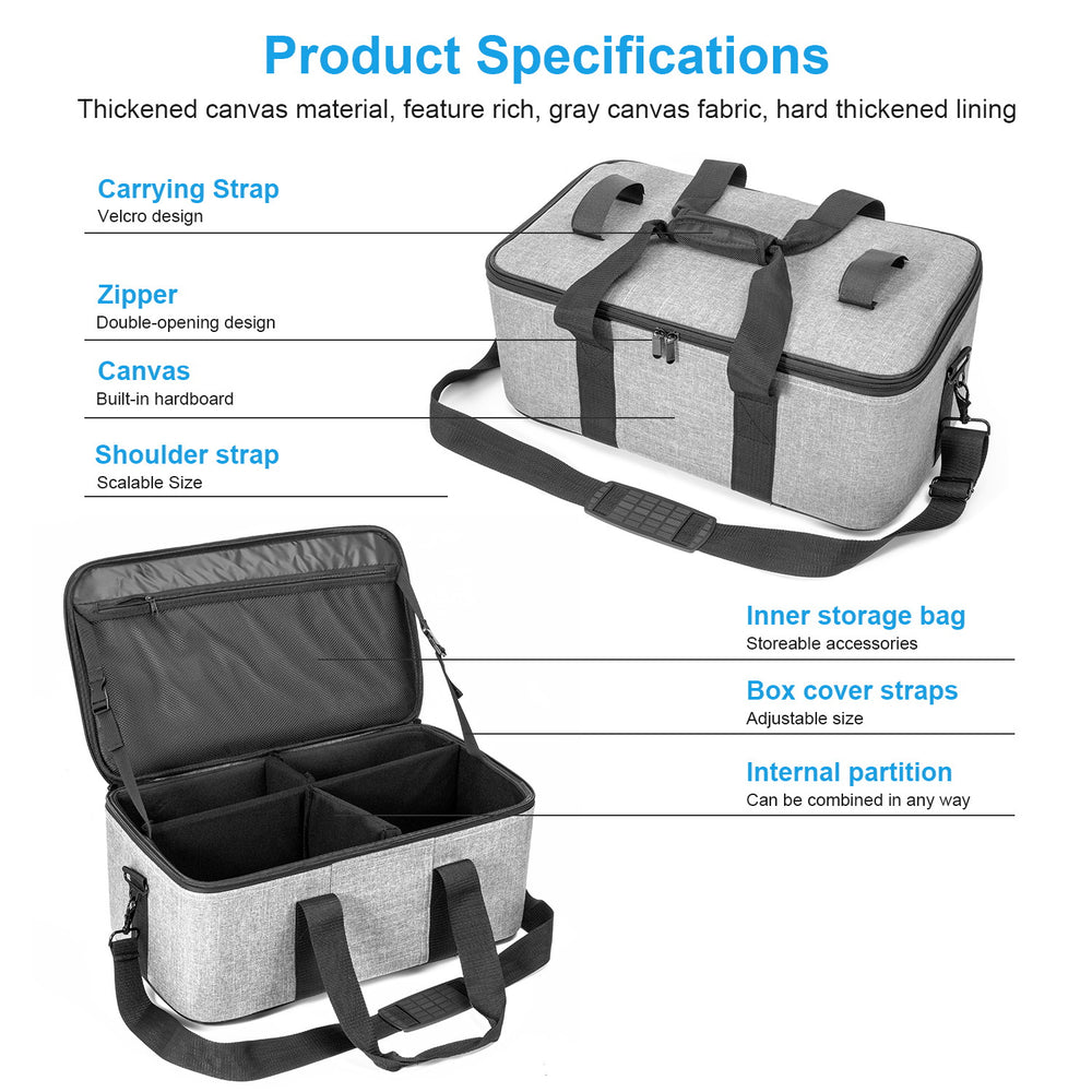 Gray storage bag with features listed on a white background