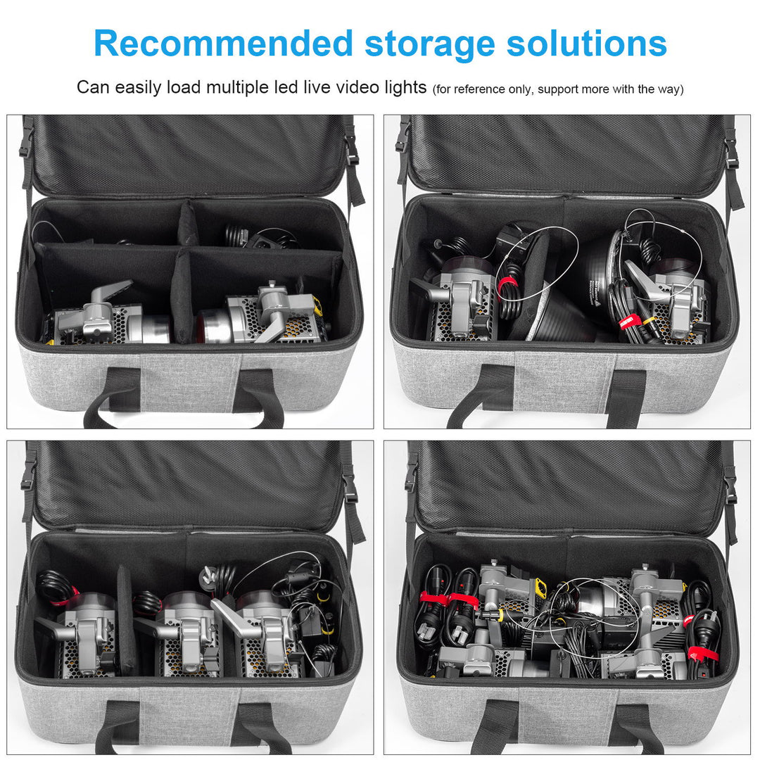 Storage case with multiple LED live video lights inside, labeled 'Recommended storage solutions'.