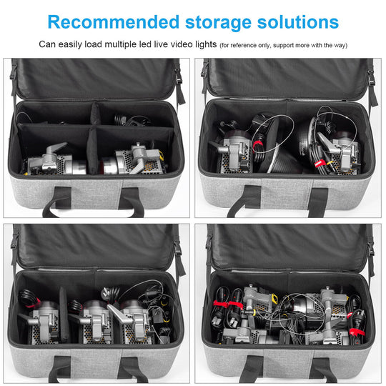Storage case with multiple LED live video lights inside, labeled 'Recommended storage solutions'.