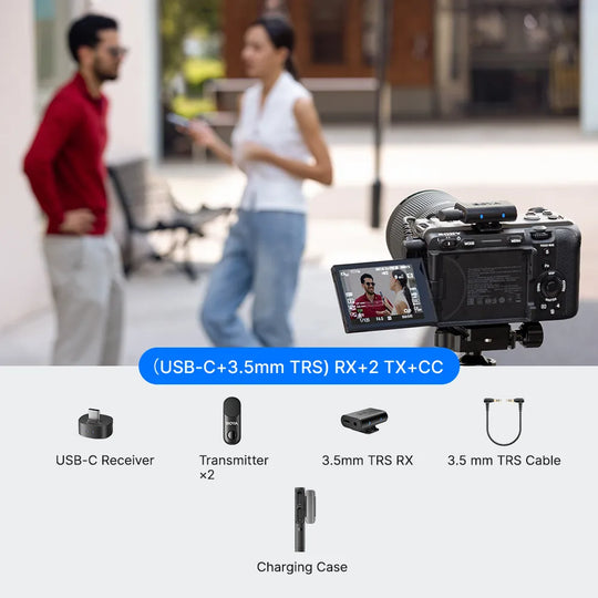 Camera with video feed display, USB-C receiver, transmitter, and charging case on a blurred background of people.