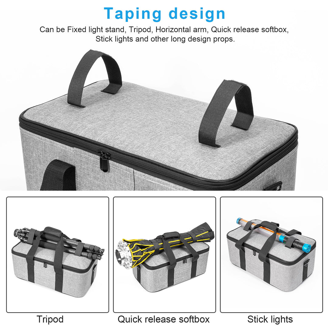 Gray carrying case with black handles and zippers, featuring attachments like a tripod, quick release softbox, and stick lights.