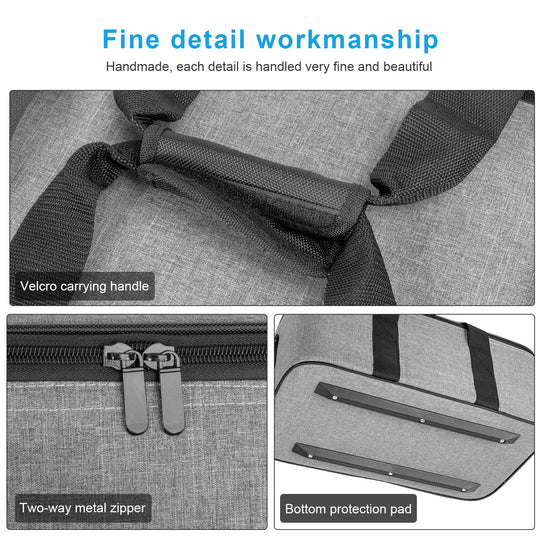 Gray bag with detailed features including a velcro carrying handle, two-way metal zipper, and bottom protection pad.