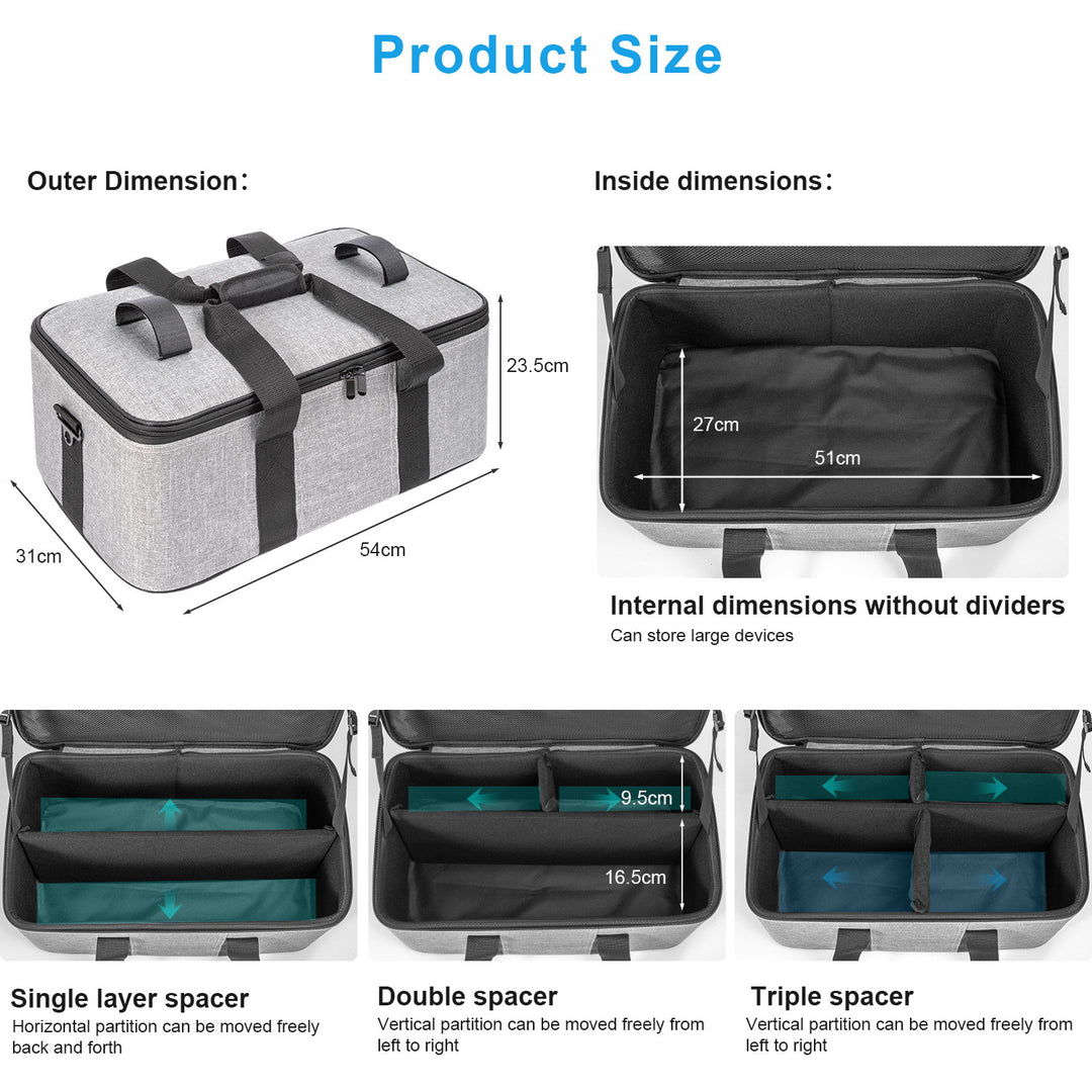 Product size and dimensions of a storage bag with various compartments and dividers.