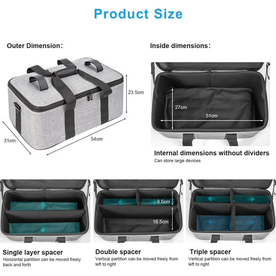 Product size and dimensions of a storage bag with various compartments and dividers.