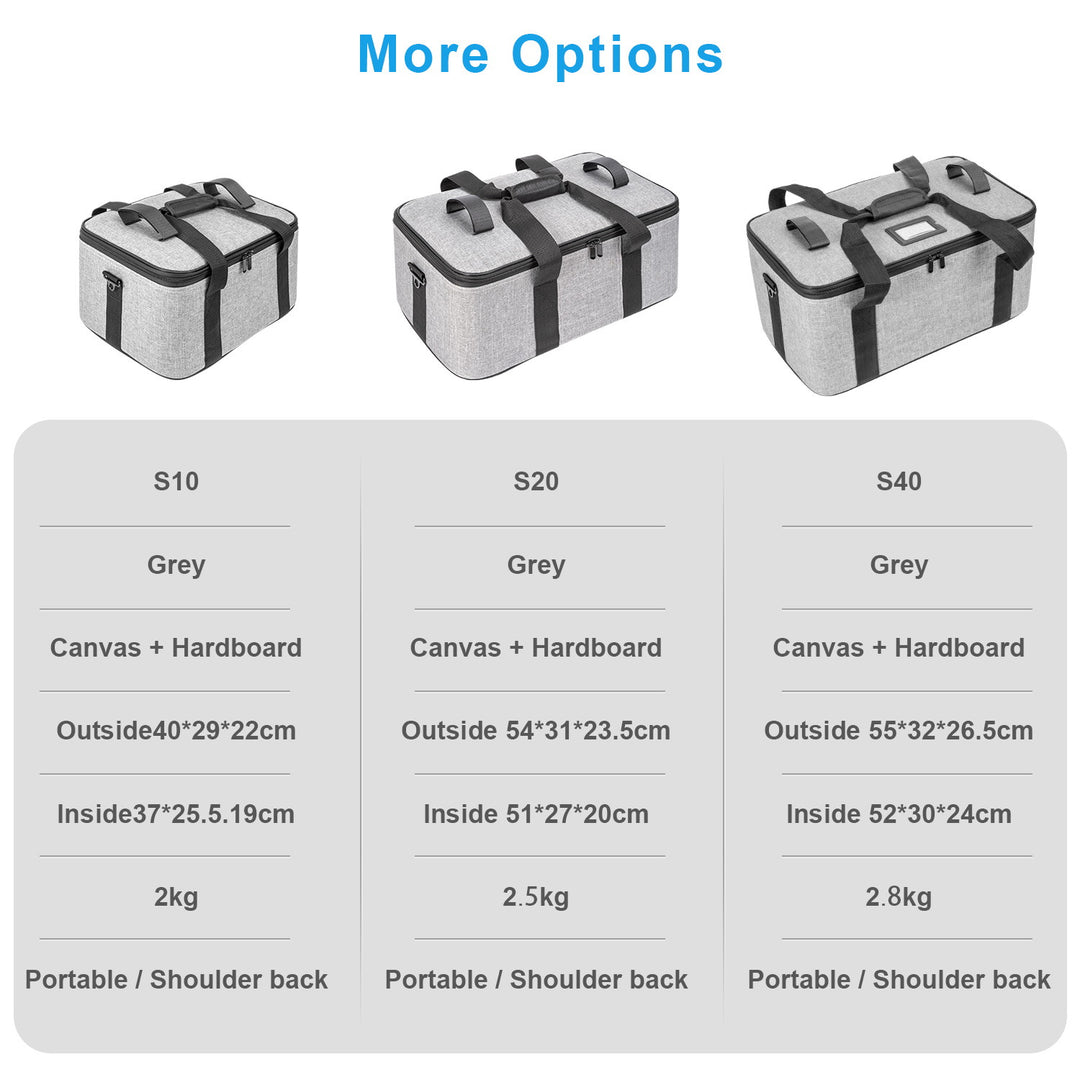 Three gray storage bags with black straps and specifications table on a white background