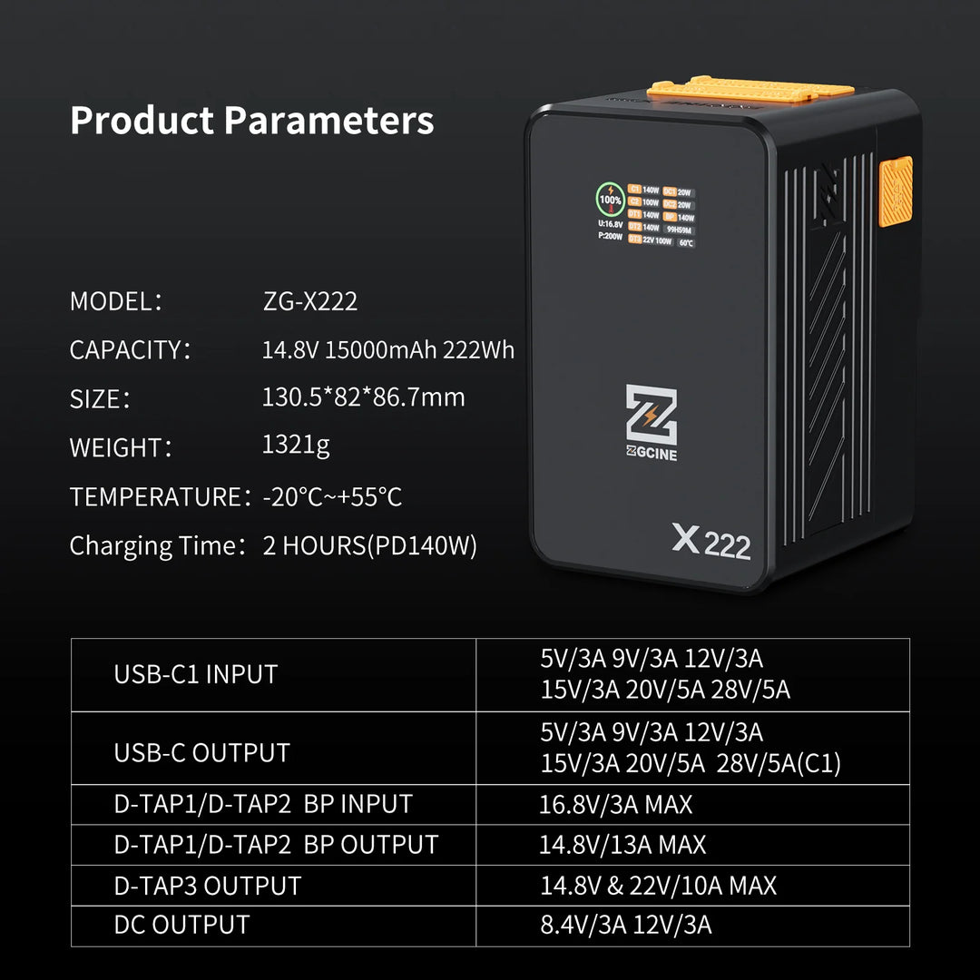 ZGCINE battery pack X222 with details text showing product parameters