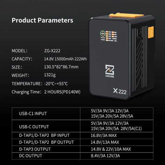 ZGCINE battery pack X222 with details text showing product parameters