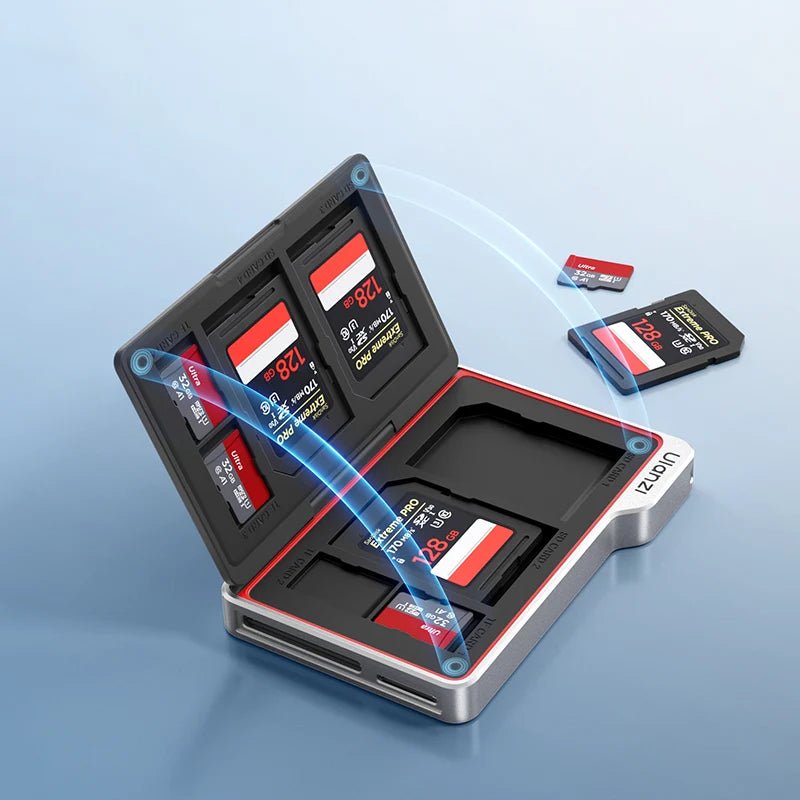 SD card reader with multiple SD cards on a light blue background