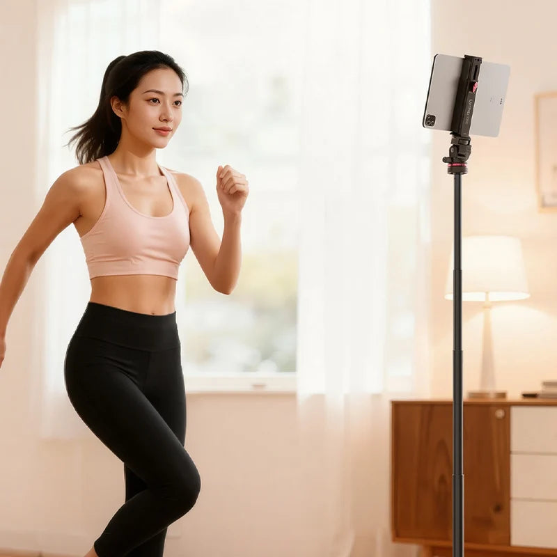 Woman exercising in a home setting with a smartphone on a stand.