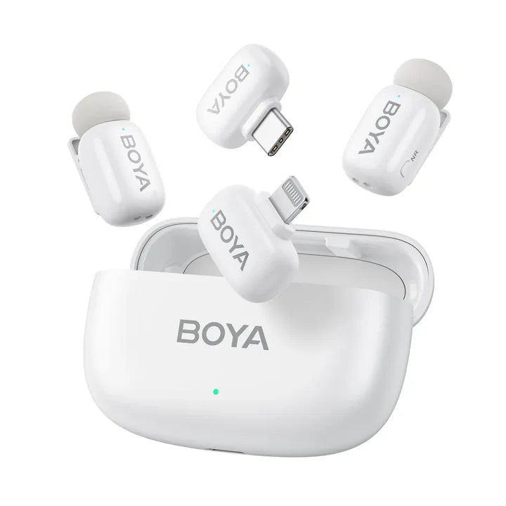 BOYA wireless earbuds with charging case on a white background