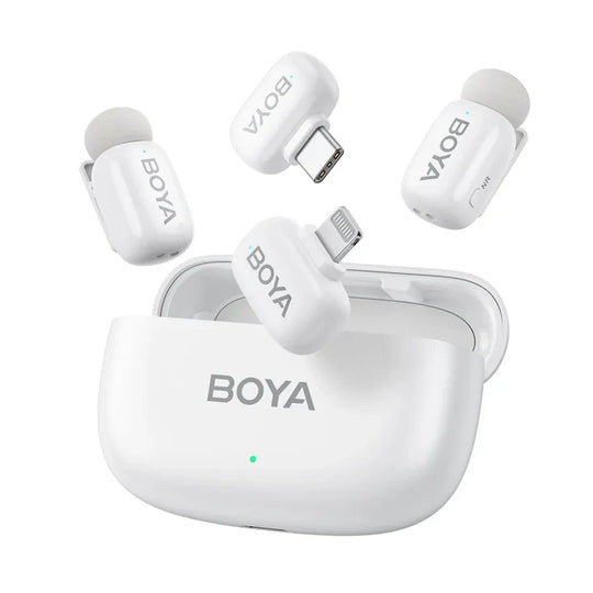 BOYA wireless earbuds with charging case on a white background