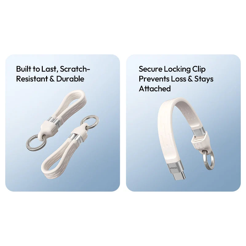 Two light blue feature panels with black text and white product renders: a white charging cable with a keychain ring on the left labeled 'Built to Last, Scratch-Resistant & Durable,' and a white charging cable with a secure locking clip on the right labeled 'Secure Locking Clip Prevents Loss & Stays Attached.'.