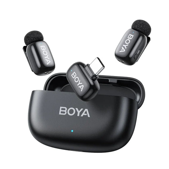BOYA wireless microphone system with receiver and two microphones on a white background