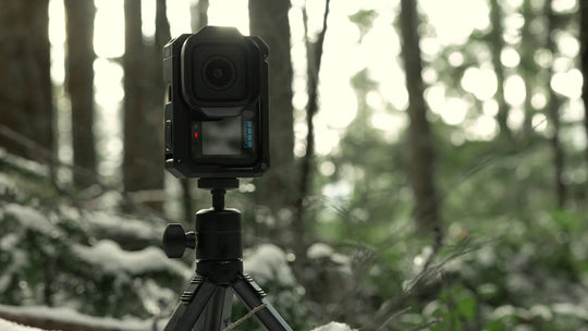 Camera on a tripod in a forest setting with snow on the ground