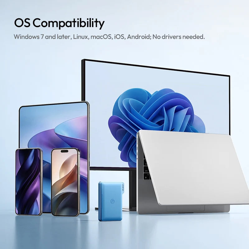 Electronic devices including a laptop, tablet, and smartphone with a blue abstract design in the background.