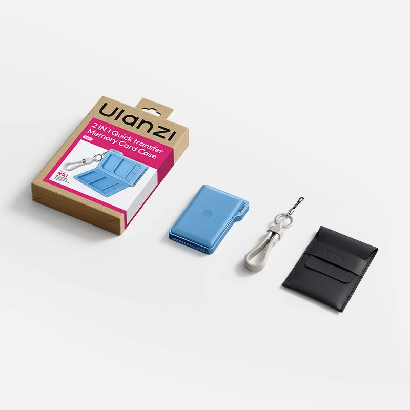 Ulanzi memory card case with packaging, keychain, and black wallet on a white background