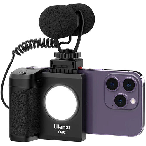 Phone with a microphone attachment and Ulanzi CG-02 Smartphone Camera Grip Holder on a white background