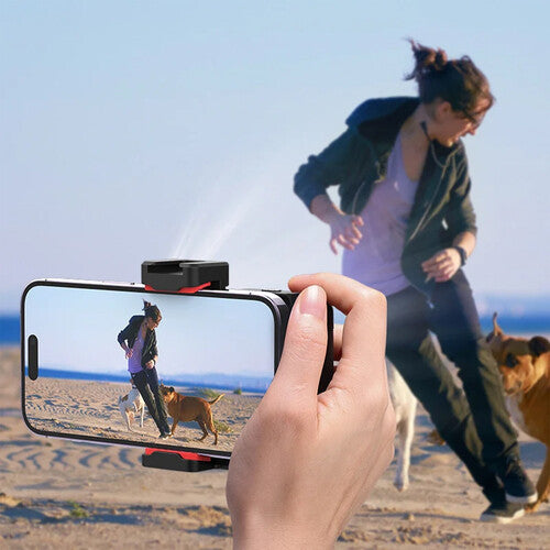 Person using a smartphone with a camera attachment on a beach with two dogs.