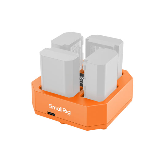 Orange battery charger with four white batteries on a white background, featuring the SmallRig logo.