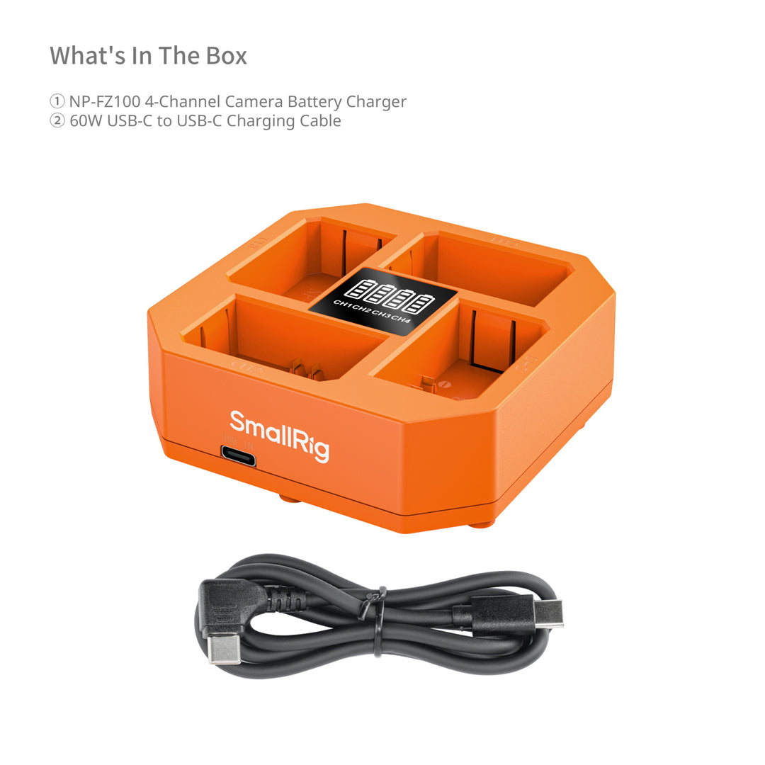 Orange camera battery charger with USB-C cable on a white background