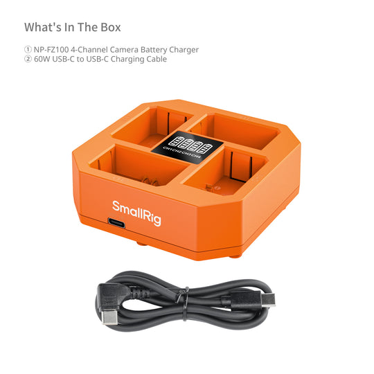 Orange camera battery charger with USB-C cable on a white background