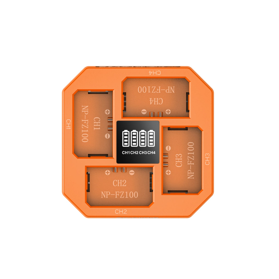 Orange battery charger with multiple slot design on a white background