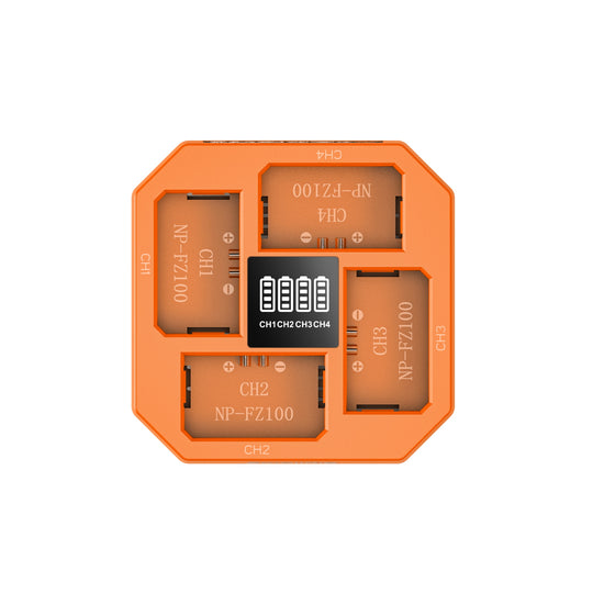 Orange battery charger with multiple slot design on a white background
