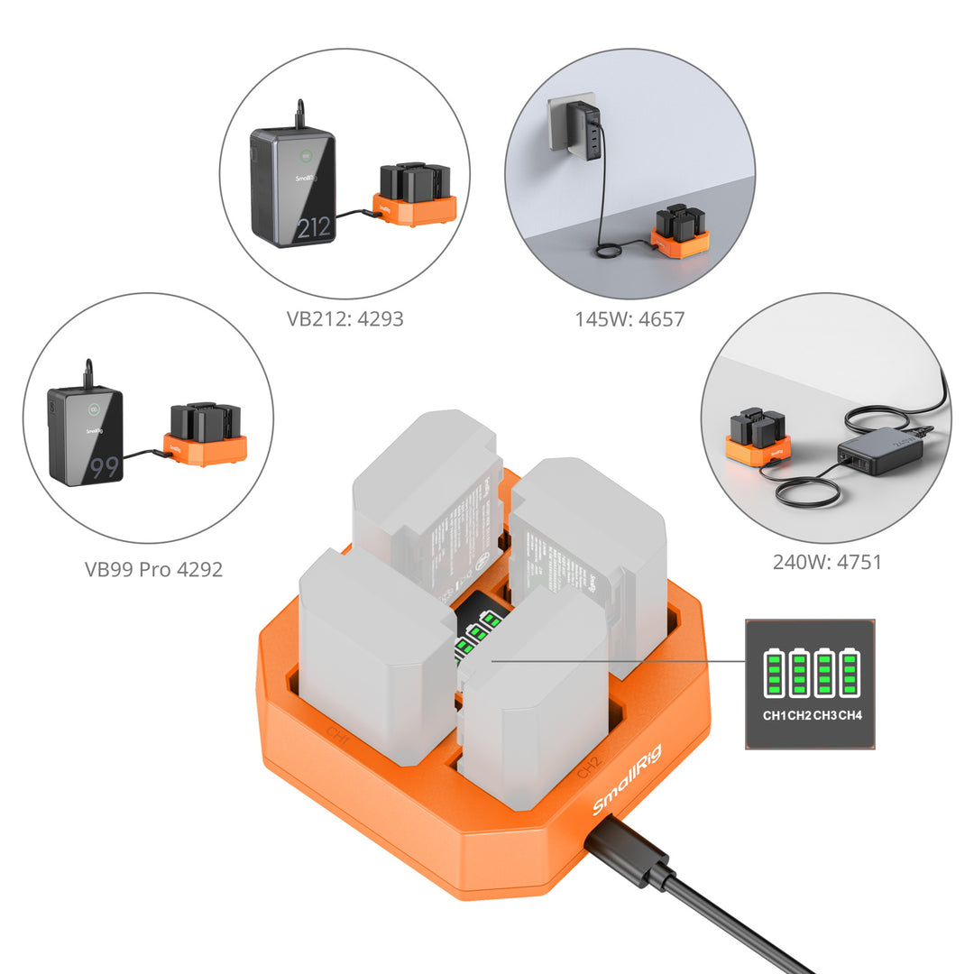 Orange and gray battery charger with multiple connection points on a white background