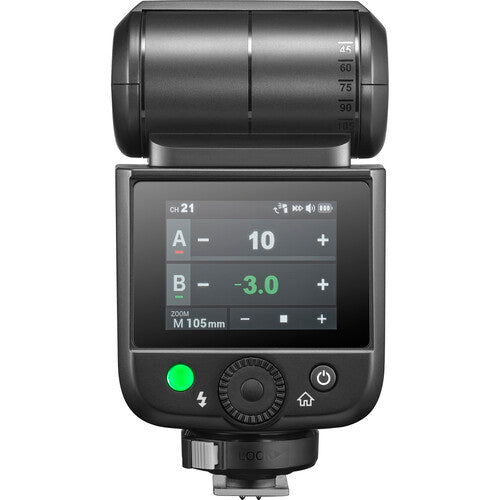 Godox Camera flash with digital display on a white background