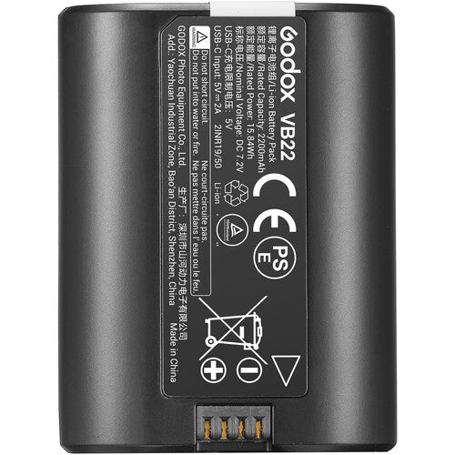 Black battery pack with 'Godox VB22' branding and various symbols on a white background