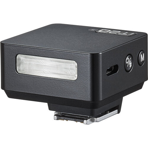 Black camera flash with control buttons on a white background