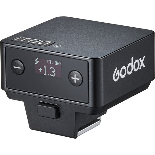 Black Godox iT20 camera flash controller with digital display on a white background