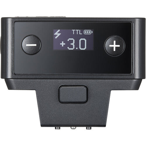 Black electronic device with digital display and control buttons on a white background