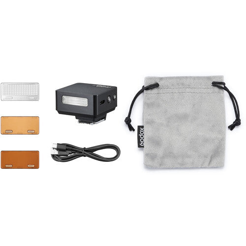 Godox iT20 Camera flash, accessories, and gray pouch on a white background