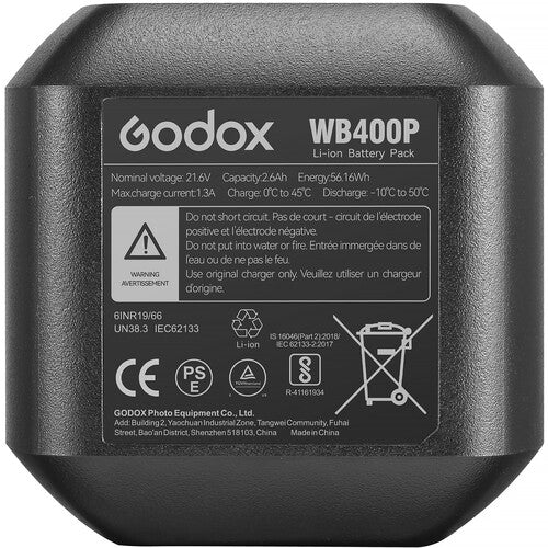 Godox WB400P lithium-ion battery pack with label on a white background