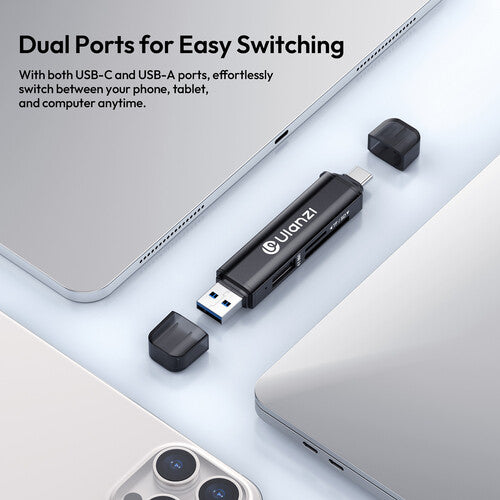 USB adapter with dual ports on a light gray background