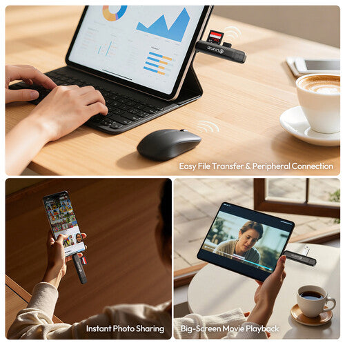 Collage of a tablet with keyboard, mouse, smartphone, and tablet displaying movie playback on a desk.