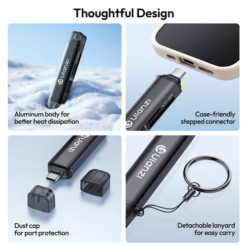 Product features with text highlighting design elements on a blue background